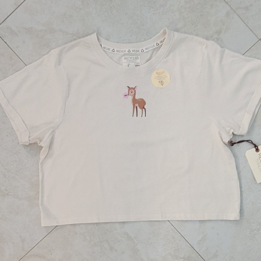 DEER Recycled Threads Crop T Shirt,  Women's Size L.